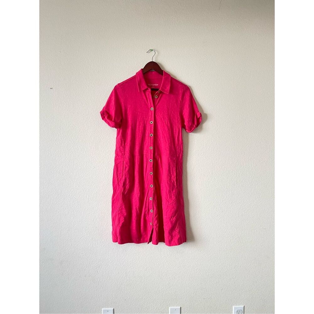 SOFT‎ SURROUNDINGS Pink Button Front Cotton Shirt Dress Sz Medium Short Sleeve